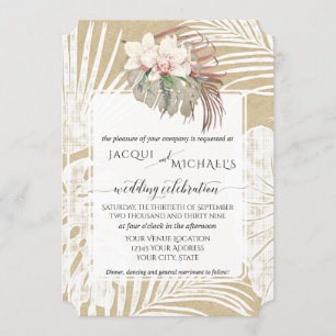 BOHO White Orchid Floral Tropical Foliage Kraft Invitation