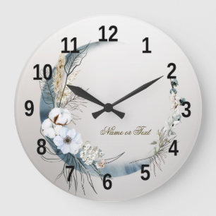 Boho White Orchid Flowers Blue Moon Elegant Large Clock