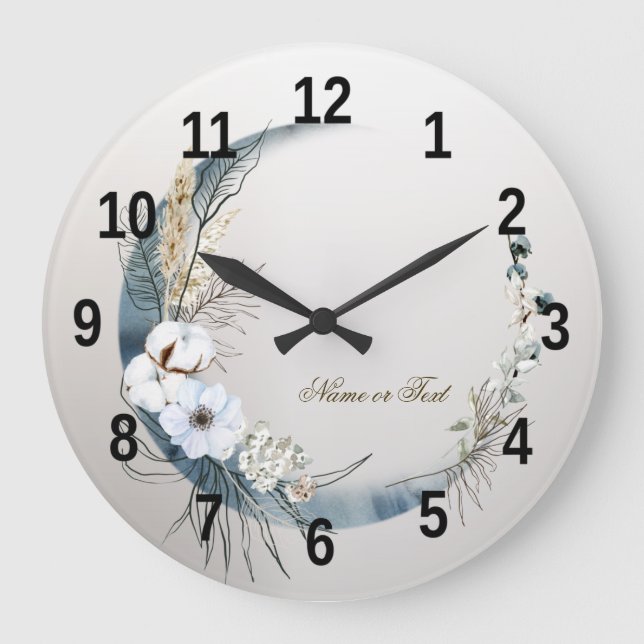 Boho White Orchid Flowers Blue Moon Elegant Large Clock (Front)