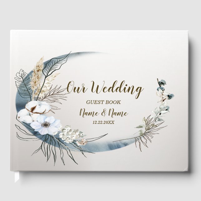 Boho White Orchid Flowers Blue Moon Elegant Party Guest Book (Front)