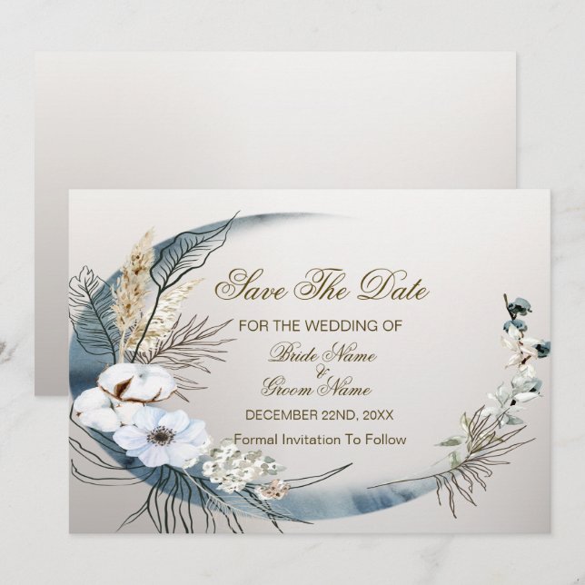 Boho White Orchid Flowers Blue Moon Elegant Party Save The Date (Front/Back)