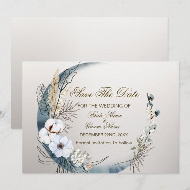 Boho White Orchid Flowers Blue Moon Elegant Party Save The Date (Front/Back)