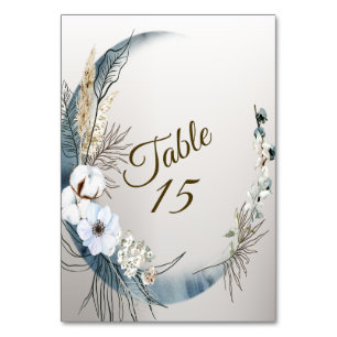 Boho White Orchid Flowers Blue Moon Elegant Party Table Number