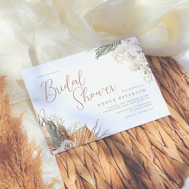 Boho White Orchid & Pampas Grass Bridal Shower Invitation (Creator Uploaded)
