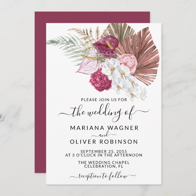 Boho White Orchids Blush Burgundy Floral Wedding Invitation (Front/Back)