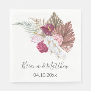 Boho White Orchids Burgundy Floral Wedding Napkin