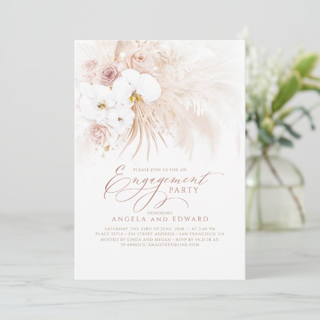 Boho White Orchids Pampas Grass Engagement Party Invitation (Standing Front)
