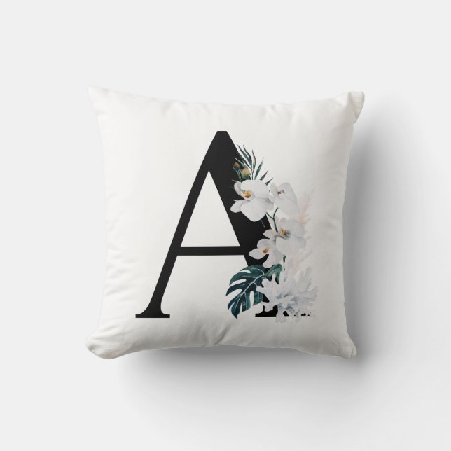 Boho White Orchids Tropical Letter A Monogram Cushion (Front)