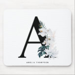 Boho White Orchids Tropical Letter A Monogram Mouse Mat<br><div class="desc">Add a boho and tropical accent to your space with this tropical monogram mousepad. It features watercolor white flowers,  white coral and tropical leaves. This letter A monogram mousepad will be perfect as a gift.</div>
