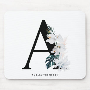 Boho White Orchids Tropical Letter A Monogram Mouse Mat