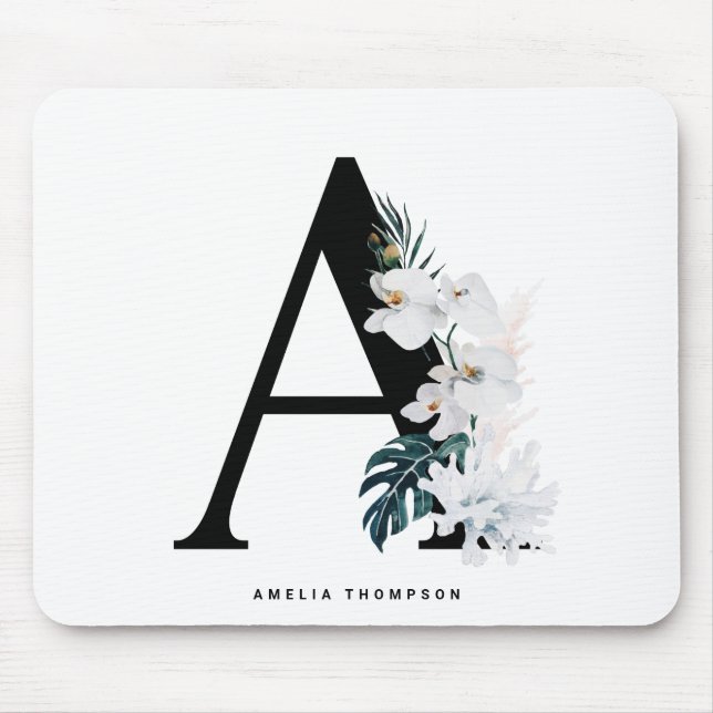 Boho White Orchids Tropical Letter A Monogram Mouse Mat (Front)