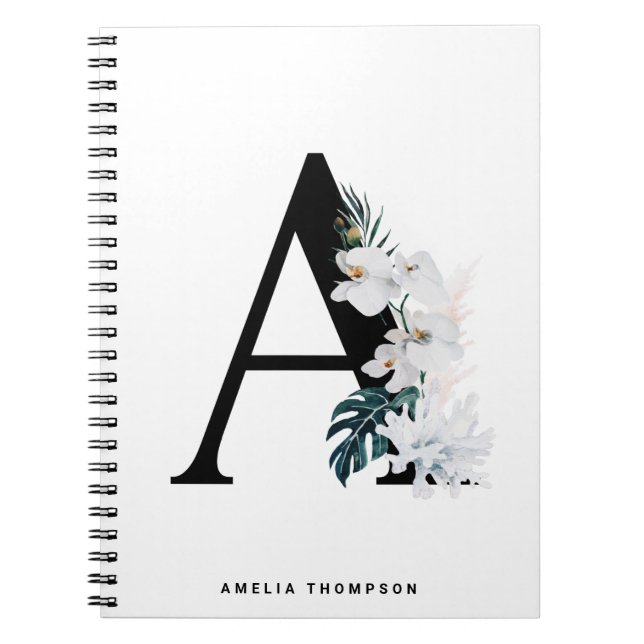 Boho White Orchids Tropical Letter A Monogram Notebook (Front)