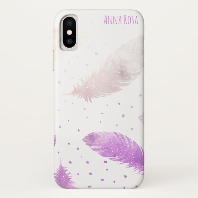 *~* Boho White Pastel Lavender Feather Polka Dots Case-Mate iPhone Case (Back)