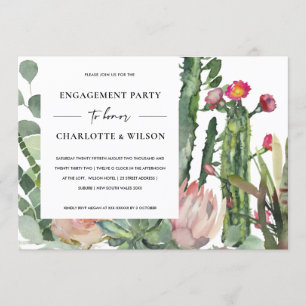 BOHO WHITE PINK FLORAL CACTUS FOLIAGE ENGAGEMENT INVITATION