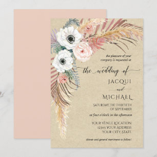 Boho White Pink Floral Pampas Grass Foliage Kraft Invitation