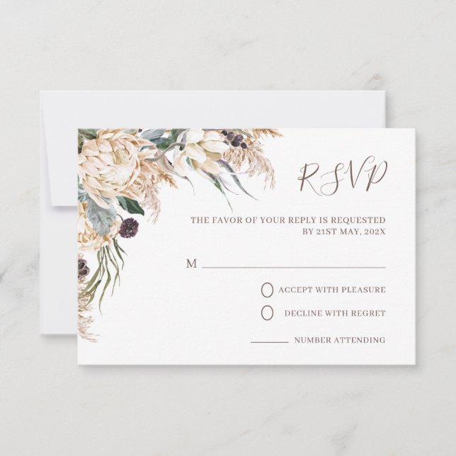 Boho White Protea Pampas Grass Wedding RSVP Card (Front)