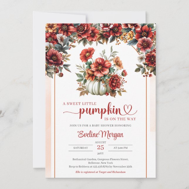 Boho white pumpkin with burgundy flowers fall invitation (Front)