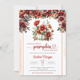 Boho white pumpkin with burgundy flowers fall invitation