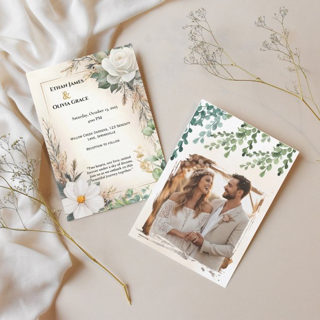 Boho White Rose Eucalyptus Gold Invite (Creator Uploaded)