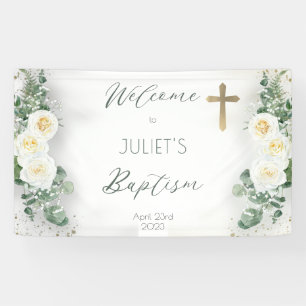 Boho White Rose Floral Eucalyptus Baptism Welcome Banner