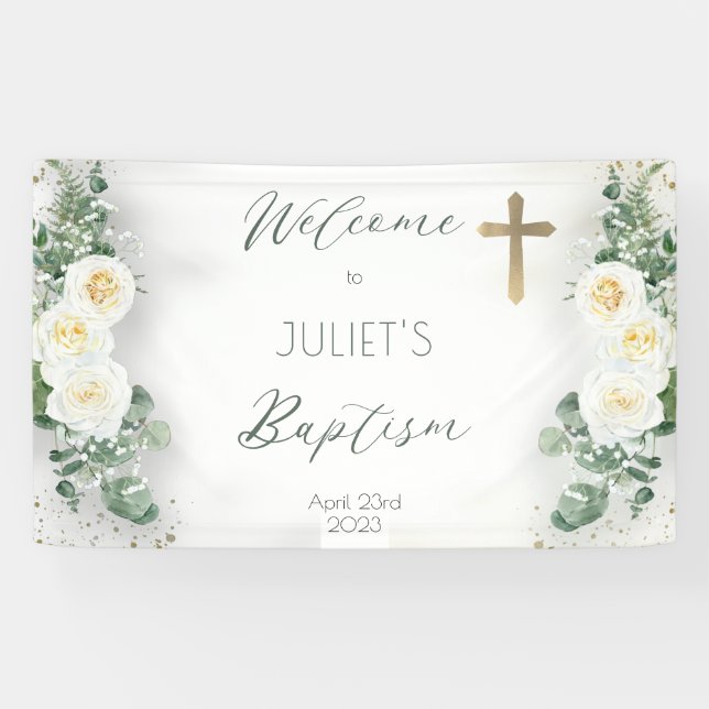 Boho White Rose Floral Eucalyptus Baptism Welcome Banner (Horizontal)