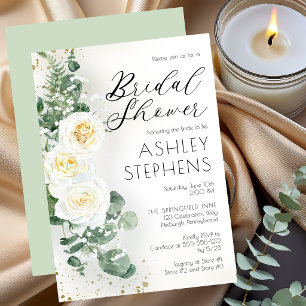 Boho White Rose Floral   Eucalyptus Bridal Shower  Invitation
