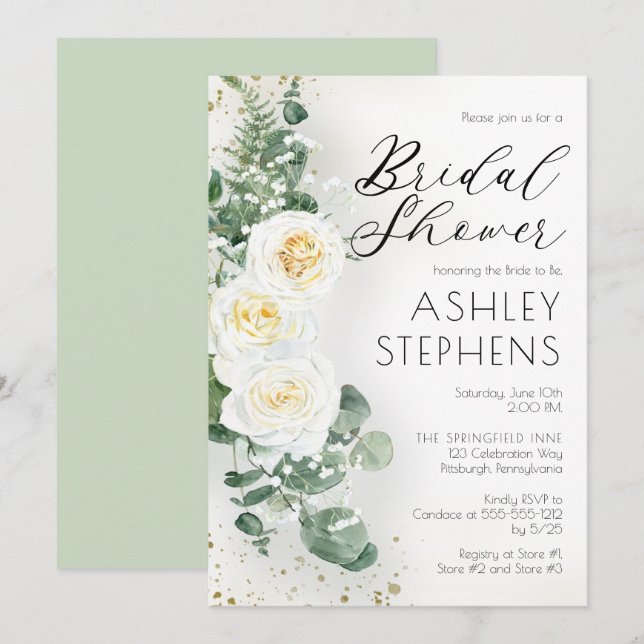 Boho White Rose Floral | Eucalyptus Bridal Shower  Invitation (Front/Back)