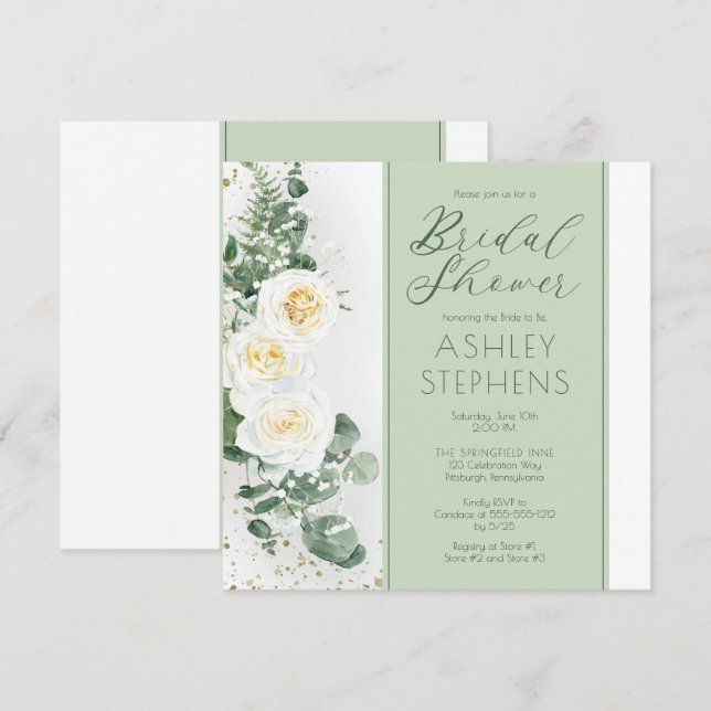 Boho White Rose Floral | Eucalyptus Bridal Shower  Invitation (Front/Back)