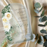 Boho White Rose Floral | Eucalyptus Wedding Acrylic Invitations<br><div class="desc">Elegant and classy boho-chic white rose and eucalyptus floral "Wedding" script text design with dark gold-toned confetti and shadowing.  Composite design by Holiday Hearts Designs.</div>