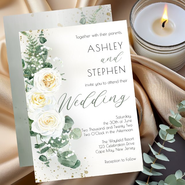 Boho White Rose Floral | Eucalyptus Wedding Invitation (Elegant Dusty Sage Green and White Rose Eucalyptus Wedding Invitation with Soft Gold Accents)