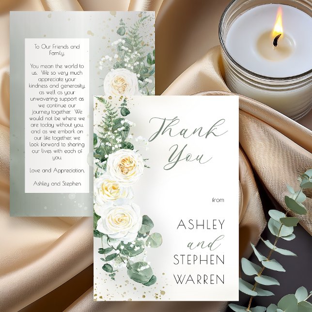 Boho White Rose Floral| Eucalyptus Wedding  Thank You Card (Creator Uploaded)