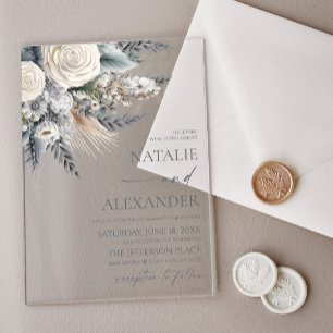 Boho White Rose Floral Flower Garden Wedding Acrylic Invitations