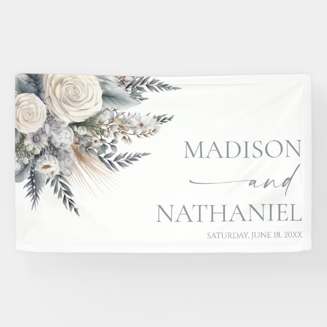 Boho White Rose Floral Flower Garden Wedding Banner (Horizontal)