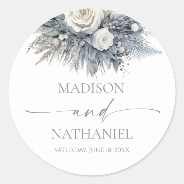 Boho White Rose Floral Flower Garden Wedding Classic Round Sticker (Front)