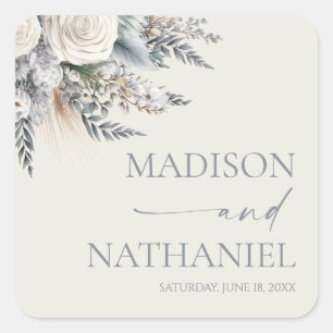 Boho White Rose Floral Flower Garden Wedding Square Sticker