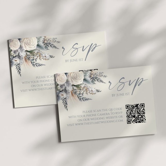Boho White Rose Floral QR Code Wedding RSVP Card (Creator Uploaded)