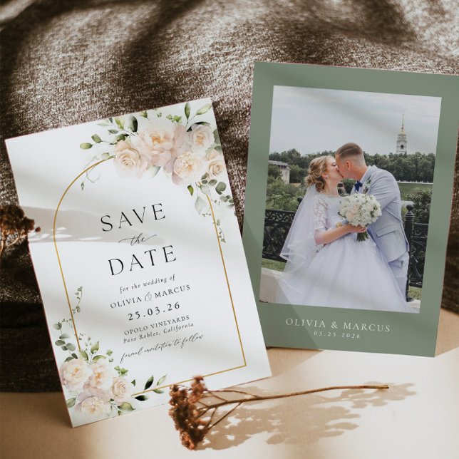 Boho White Rose Floral Sage Gold Arch Wedding Save The Date (Front/Back)