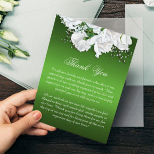 Boho White Roses and Elegant Green Wedding Thank You Card