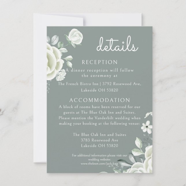 Boho White Roses and Sage Green Wedding Details  Card (Front)