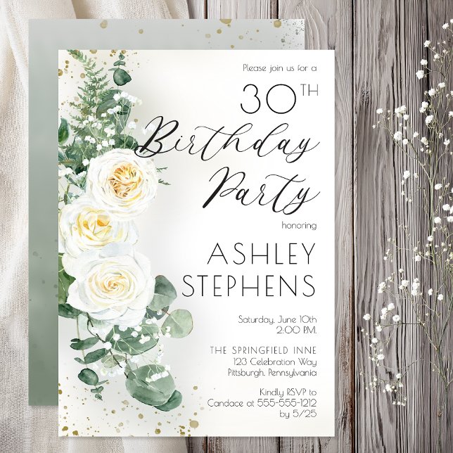Boho White Roses Eucalyptus 30th Birthday Party Invitation (30th Birthday Party Elegant White Rose Eucalyptus Floral Invitation -- Print | Digital Download)