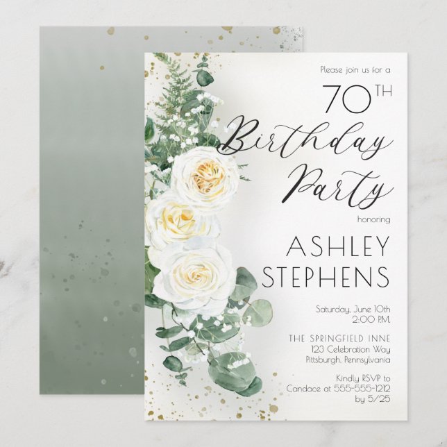 Boho White Roses Eucalyptus 70th Birthday Party  Invitation (Front/Back)
