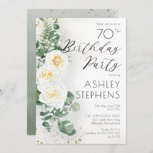 Boho White Roses Eucalyptus 70th Birthday Party Invitation