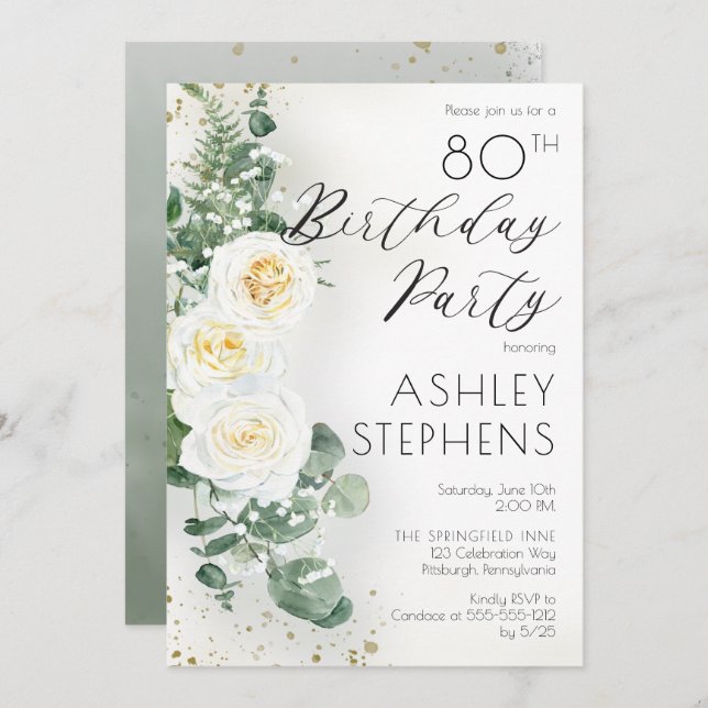 Boho White Roses Eucalyptus 80th Birthday Party  Invitation (Front/Back)