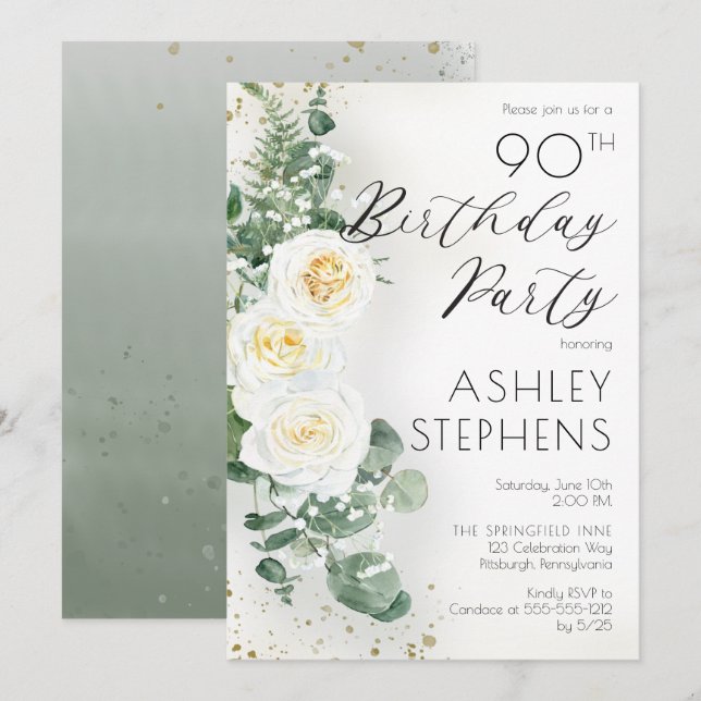 Boho White Roses Eucalyptus 90th Birthday Party Invitation (Front/Back)