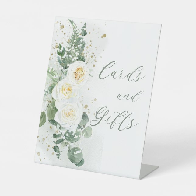 Boho White Roses | Eucalyptus Cards and Gifts Pedestal Sign (Front)