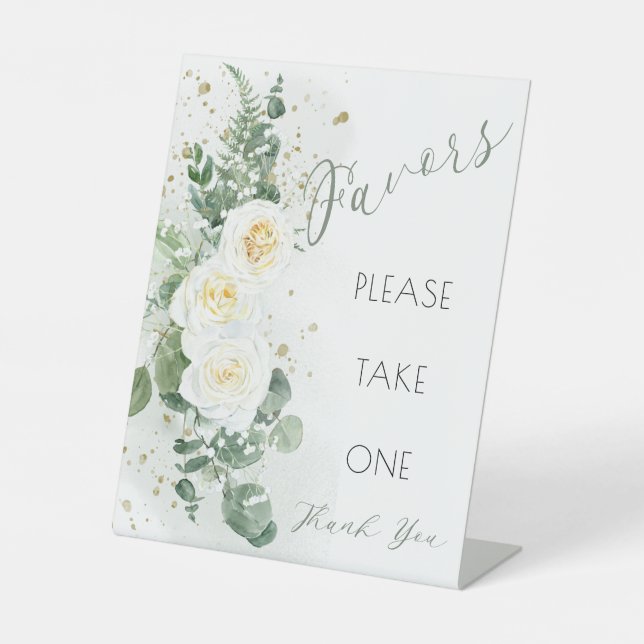 Boho White Roses Eucalyptus Favours Please Take On Pedestal Sign (Front)