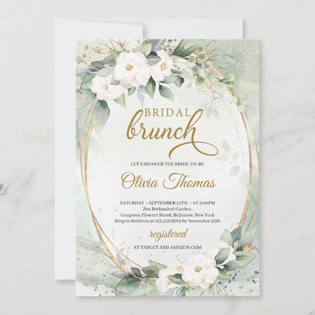 Boho White roses eucalyptus foliage faux gold  Invitation (Front)
