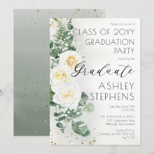 Boho White Roses Eucalyptus Graduation Party Invitation