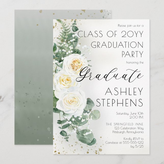 Boho White Roses Eucalyptus Graduation Party Invitation (Front/Back)