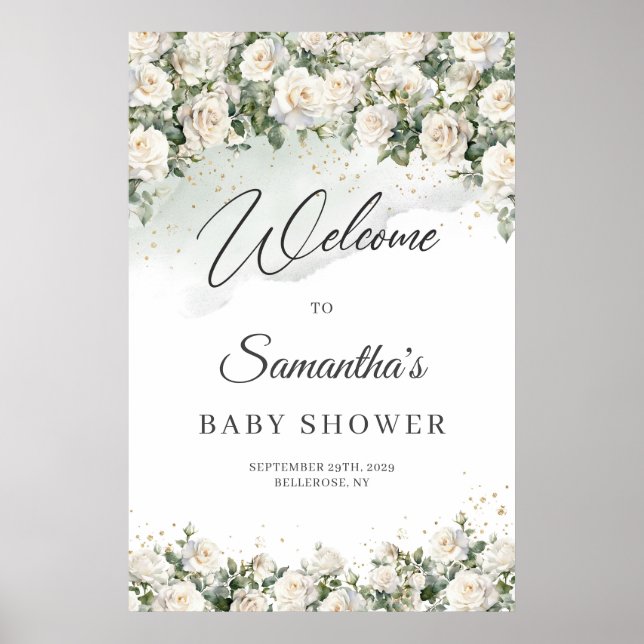 Boho White Roses Floral Garden Baby Shower welcome Poster (Front)